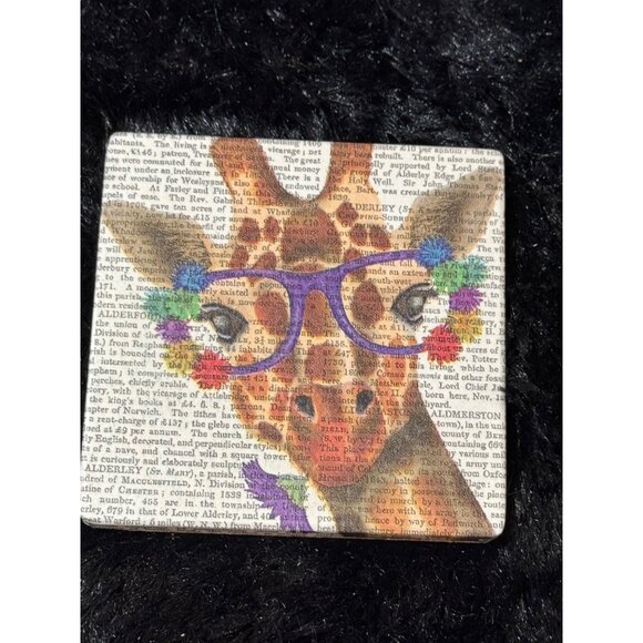 Set Of 4 Giraffe Coasters With Glasses Printed On Text Background Cork Backing - Picture 4 of 6